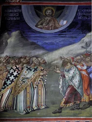 Kristus i härlighet kontrollerar de timliga och andliga krafterna Bysantinsk fresk från Agios Ioannis Lampadistis kloster, Saint-John Lampadistis 1000-talet Cypern Målade kyrkor UNESCO-plats Troodos, Cypern
