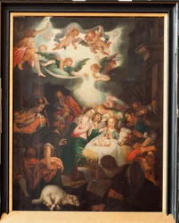 Kyrka (Basilica of Our Lady of Tongre). Interiör. Triptich. Födseln.