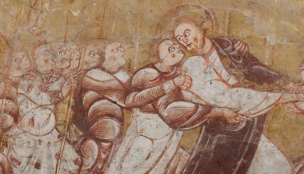 Kyrka (Église Saint-Martin). Interiör. Väggmålningar (fresk). Norra väggen i koret. Detalj. arrestering av Kristus. 1100-talet.