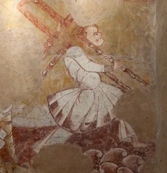 Kyrka (Église Saint-Martin). Interiör. Väggmålningar (fresk). Norra väggen i koret. Detalj. Simon från Cyrene bär korset. 1100-talet.