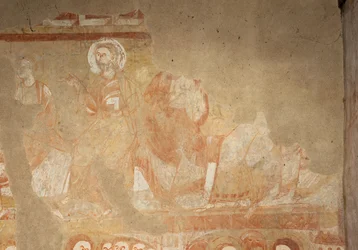 Kyrka (Église Saint-Martin). Interiör. Väggmålningar (fresk). Vagnhusets västra vägg. Detalj. Apostlar. 1100-talet.