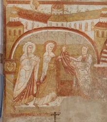 Kyrka (Église Saint-Martin). Interiör. Väggmålningar (fresk). Vagnhusets västra vägg. Detalj. Presentation i templet. 1100-talet.
