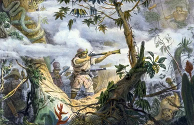 "Civiliserade" indianer i strid med Botocudos-indianer, Brasilien
