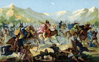 Clovis I (466-511), kung av frankerna, under slaget vid Tolbiac 496 mot den germanska stammen alamanerna, lovade att konvertera vid seger. Slutet av 1800-talet (kromolitografi)