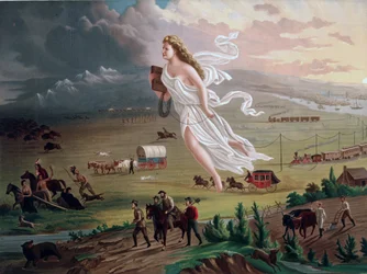 Begreppet Manifest Destiny: Allegorisk kvinnofigur som bär en elektrisk telegraftråd och leder amerikanska pionjärer och järnvägar västerut, medan indianer, bufflar och björnar retirerar framför dem. Kromolitografi från 1873.