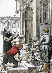 Konstruktion av en katedral, stenhuggare på 1200-talet (gravyr)