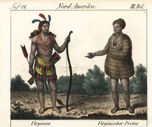Dräkt av Powhatan-indianerna i Virginia (USA): en krigare och en präst från Secota. Litografi för boken: "Galerie complete en tableaux fideles des peuples d