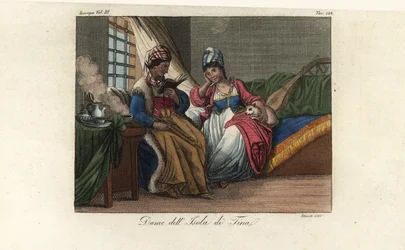Dräkt av kvinnorna på ön Tino, Italien