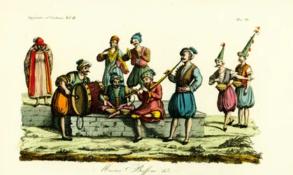 Kostymer av berbermusiker från Bey of Tunis och komiker eller Saitari, Tunisien