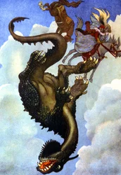 Par som kämpar mot en drake, ca 1910 (illustration)