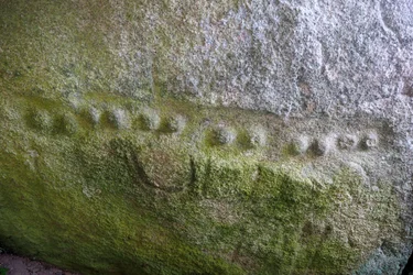Täckt Alle of Kerguntuil, Dolmens inre, detaljgravyr i prickar. Ungefär -2000 f.Kr., Tregastel, Côtes-d