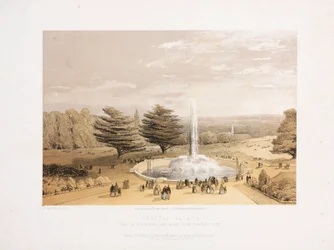 Crystal Palace, Post-Great Exhibition Fontänen och parken från terrassen på Crystal Palace, ca 1855