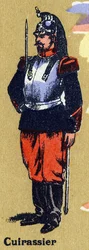 Cuirassier i soldatuniform. Illustrerat alfabet. Bilder återförenades i Jarville-Nancy, början av 1900-talet. Mått: 40 x 29 cm. Litografi på en bistre bakgrund