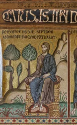 Cykel av mosaiker i Gamla testamentet, skapelsecykeln: "Skaparens vila på den sjunde dagen", XII-talet, Palatinska kapellet, Kungliga palatset eller Palazzo dei Normanni (Normandernas palats), Palermo, Sicilien, Italien ( Foto)