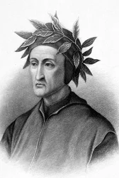 Dante Alighieri (1265-1321) italiensk författare (Den gudomliga komedin), här krönt med lagerkransar, gravyr