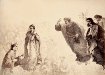 Dante och Beatrice framför apostlarna Petrus, Jakob och Johannes ljusa andar. Petrus har armen höjd i ett tecken på vrede. Illustration av Canto XXVII i Paradiso i Den gudomliga komedin av Dante Alighieri. Verk av Francesco Scaramuzza tillägnat