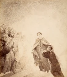 Dante håller för öronen med händerna, överväldigad av vredesskriken från andarna som är placerade längs stegen. Illustration av Canto XVI i Paradiso av The Divine Comedy av Dante Alighieri. Verk av Francesco Scaramuzza tillägnat den kommunala