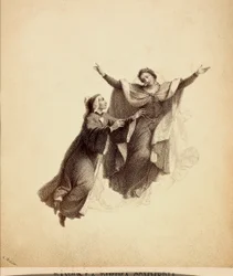 Dante, med öppna armar, leds i flykten av Beatrice genom Paradisets firmament. Illustration av Canto I i Paradiso i Den gudomliga komedin av Dante Alighieri. Verk av Franceso Scaramuzza tillägnat Florens kommun.