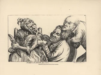 Tandläkare skrattar när han med hjälp av en tång drar ut en dålig tand ur munnen på en gammal kvinna. Kopparstick efter en satirisk illustration av Timothy Bobbin (John Collier) (1708-1786) från Human Passions Delineated, John Haywood, Manchester