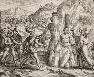 Beskrivning av de brott som de spanska kolonisterna tillfogade indianerna - Conquistadorer som bränner på bål en indier som vägrade att konvertera till den katolska tron. Franciskanerordens religiösa (gravyr) ""Narratio regionum indicarum per Hispano