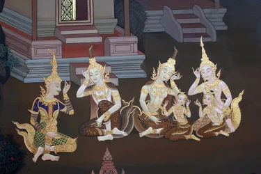 Detalj av en väggmålning i Uposatha (helgedomshallen) i Buddhapadipa-templet, Wimbledon, Grande-Bretagne