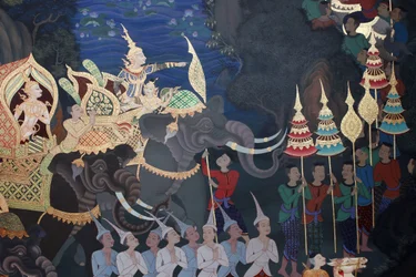 Detalj av en väggmålning i Uposatha (helgedomshallen) i Buddhapadipa-templet, Wimbledon, Grande-Bretagne