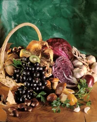 Diet: stilleben av svarta druvor, vitlök, lök, vitlöksklyfta, persilja, svamp, kastanjer, kiwi och rödkål.
