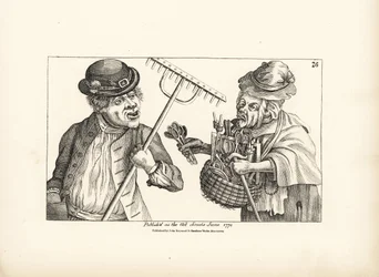 Den berusade bonden Jones köper hela lagret av träverktyg av den gamla skelögda Nan. Kopparstick efter en satirisk illustration av Timothy Bobbin (John Collier) (1708-1786) från Human Passions Delineated, John Haywood, Manchester