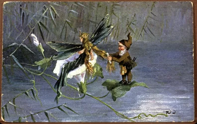 Dvärg som flätar en älva, tidigt 1900-tal (vykort)