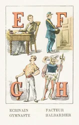 E - Författare; F - Faktor; G - Gymnast; H - Halberdier - Barnsligt alfabet, Editions Gordinne 1920 (gravyr)