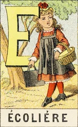 E: Skolflicka - Gravyr hämtad från ABCD av små flickor. Pellerin & Cie, tryckare-förlag, Epinal, omkring 1890. Serie A. Mått: 19 x 13,5 cm.