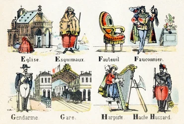 E Eskimåkyrka - F falkonerfåtölj - G stationspolis - H hussar yxharpist - Alfabet - barnunderhållning - Bildepinal, populär serie c.1890 (illustration)