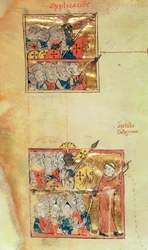 T.ex. 1500 f.45v Två miniatyrer som visar korsfarare som leds av Peter Eremiten, c.1095, Histoire Universelle, c.1286 (vellum) (se 11457 för detaljer)