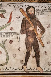 Ego sonto un homo salvadego per natura, chi me ofende ge fo pagura (jag är vild man av naturen, de som förolämpar mig kommer jag att sätta skräck), fresk, Homo Salvadego museum, Sacco, Cosio Valtellino, Lombardiet, Italien