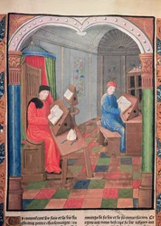 Einhard och ärkebiskop Turpin skriver Karl den stores historia, från "Chroniques de France"