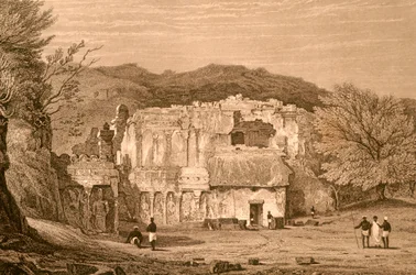 Grottorna i Elora, Maharashtra, Indien (gravyr)