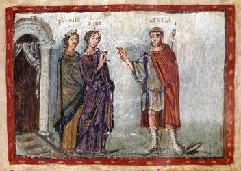 Episod ur Vergilius Aeneiden (70-19 f.Kr.): framställning av Aeneas och Dido. Dido försöker hålla Aeneas kvar. Gripen av förtvivlan kommer Dido att begå självmord. Miniatyr hämtad från „Codex Vaticanus Latinus 3225 eller Vergilius Vaticanus“, folio 36.