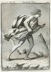 Etyd av en man som går mot vinden, med sina kläder och hår ruggade av vindbyarna och kroppen framåtlutad. Gravyr från "" Treat of Painting "" av Leonardo da Vinci (Leonard de Vinci) (1452-1519). "" Avhandling om målningen av Liona