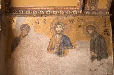 Europa-Asien, Turkiet, Istanbul, Aya Sofya-museet (537 e.Kr., tidigare moské och kyrka), mosaikpanel med Kristus, Maria och Johannes Döparen