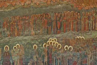 Europa, RUMÄNIEN, Bukarest, Patriarkalsk-ortodox katedral (1656), väggfresk bredvid ingången