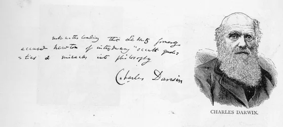 Utdrag från en autografsida i kapitel XV, Vol.1 av "Arternas ursprung" och signatur av Charles Darwin (penna och bläck på papper)