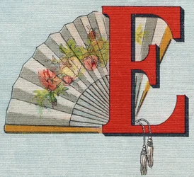 Fläkt. Gravyr i "Alphabet de ma petite fille". Bernardin-Bechet och Fils, bokhandlare-förlag, Paris, omkring 1895. Okrossbart album på duk. Bibliotheque des Bebes. 12 sidor. Album innehållande en läsmetod och en illustrativ abecedary. Dim: 29,5