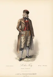 Maskeraddräkt för schäfer för Ami Fritz (karaktären Fritz Kobus från romanen av Erckmann-Chatrian). Ridrock, väst i kashmir, trosor och pälsmocka. Handkolorerad litografi efter en design av Leon Sault från "L
