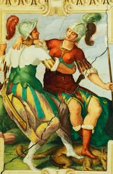 Kvinnliga figurer som bär hjälmar, detalj från fresk i slottet Manta (1400-talet), Saluzzo, Piemonte, Italien
