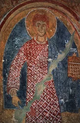 Helgonfigur, fresk i St Nicholas kapell (11-1400-tal), Mottola, Puglia, Italien