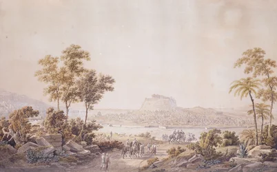 Figurer som närmar sig staden Aten, Grekland, ca 1800