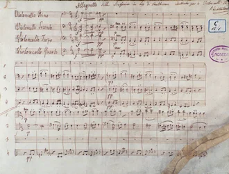 Första sidan av partituren för fyra cellos av Symphony n. 7 sv A-dur, op. 92, av Ludwig van Beethoven