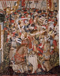 flamländsk gobeläng. Serien Det trojanska kriget. Akilles död (Muerte de Aquiles). Åttonde gobeläng i serien. Modell Coëtivy Master (Henry eller Conrard de Vulcop). Tillverkar Tournai-verkstäder. Ca 1470. Tyg Ull och siden, 6/7 varp per cm. Storlek 482 x 9