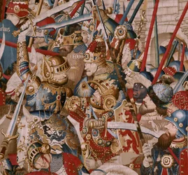 flamländsk gobeläng. Serien Det trojanska kriget. Akilles tält (La Tienda de Aquiles). Sjätte gobelängen i serien. Modell Coëtivy Master (Henry eller Conrard de Vulcop). Tillverkar Tournai-verkstäder. Ca 1470. Tyg Ull och siden, 6/7 varp per cm. Storlek 46