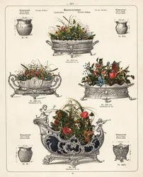 Blomsterställ, blomfat, vaser och jardinieres. Litografi från en katalog över metallprodukter som tillverkas av Wuerttemberg Metalware Factory, Geislingen, Tyskland